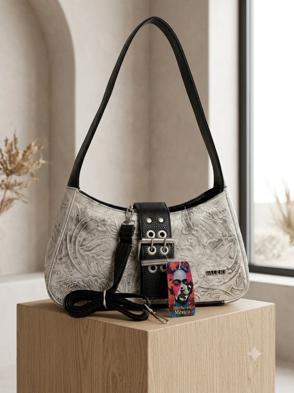 NWT VALERI Genuine Leather Shoulder Bag Floral Tooling Black White Y2K Mexico